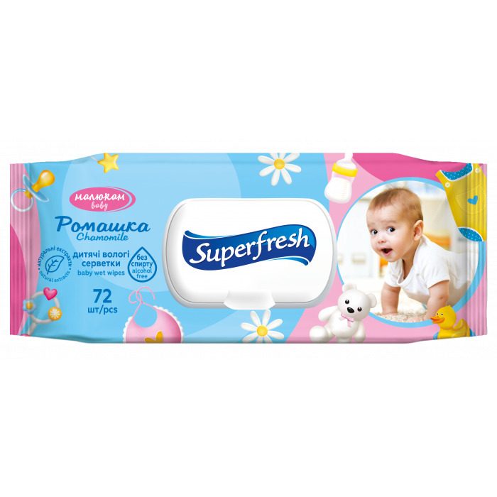 Вологі серветки Superfresh Baby Chamomile з клапаном 72 шт
