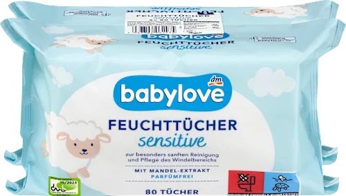 Дитячі вологі серветки Babylove Sensitive 160 шт (2×80 шт)