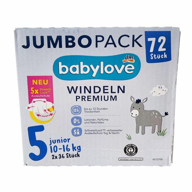 Підгузки Babylove Premium 5 Junior (10–16 кг) Jumbo Pack 72 шт